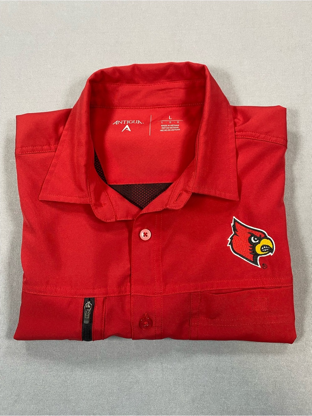 Antigua Red Short-Sleeve Button-Down Shirt with Chest Zip Pocket  U of L
